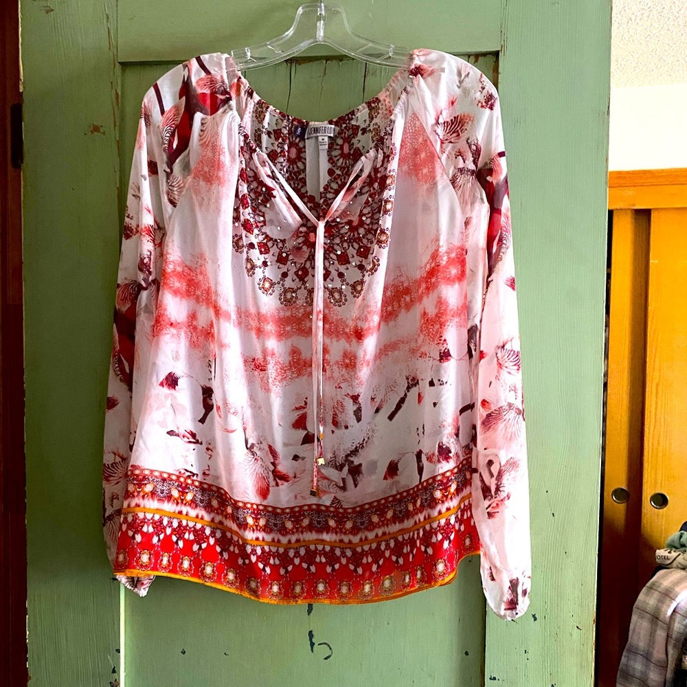 Jennifer Lopez Red and White Tie Front Long Sleeve Blouse
